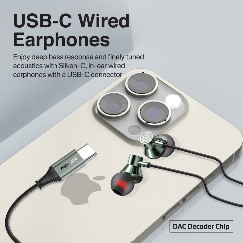 PROMATE Ergonomic In-Ear USB-C Wired Stereo Earphones - SILKEN-C